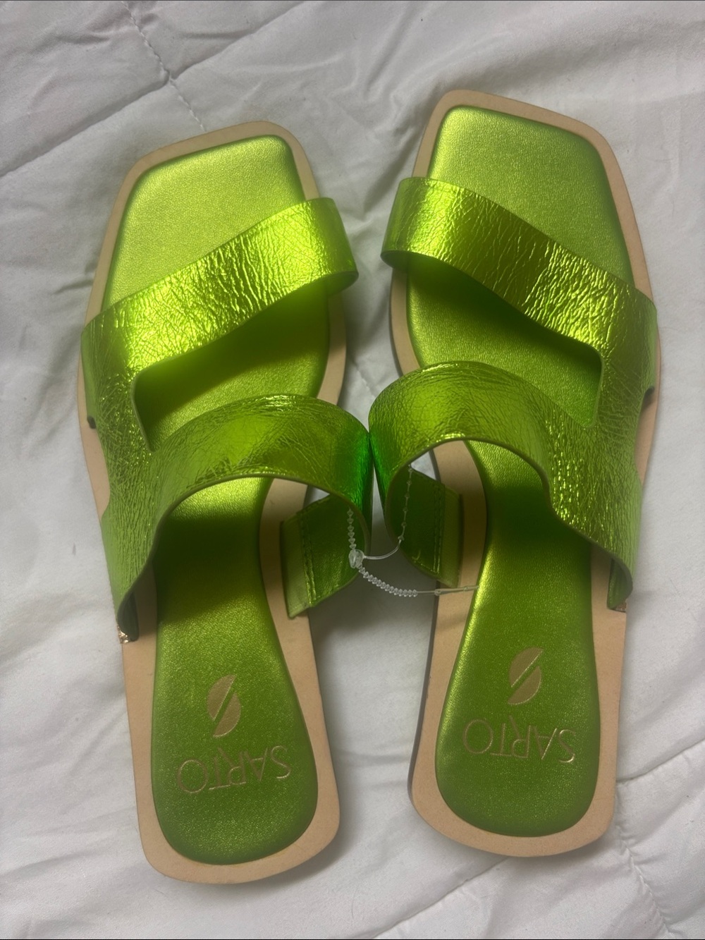 Sarto Leather Metallic Lime Green Slip-On Sandals